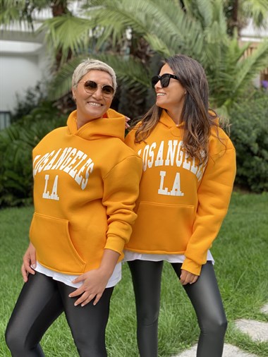 Sarı Kapüşonlu Los Angeles Baskılı Kadın Sweatshirt