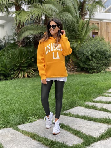 Sarı Kapüşonlu Los Angeles Baskılı Kadın Sweatshirt
