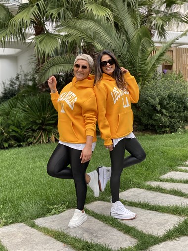 Sarı Kapüşonlu Los Angeles Baskılı Kadın Sweatshirt
