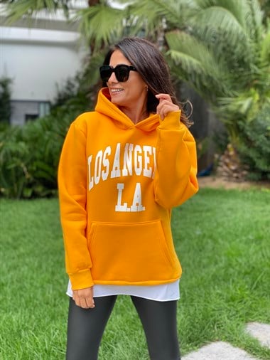 Sarı Kapüşonlu Los Angeles Baskılı Kadın Sweatshirt