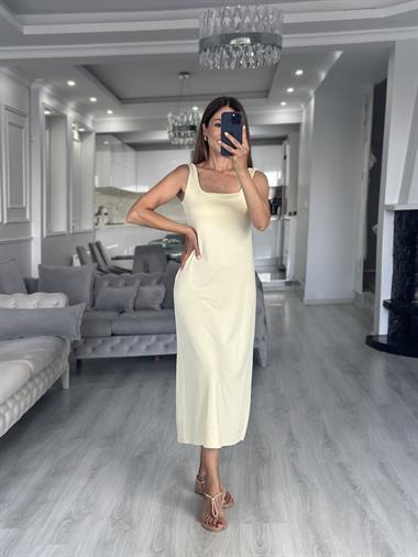 Sarı Kare Yaka Düz Basic Midi Boy Kadın Elbise 