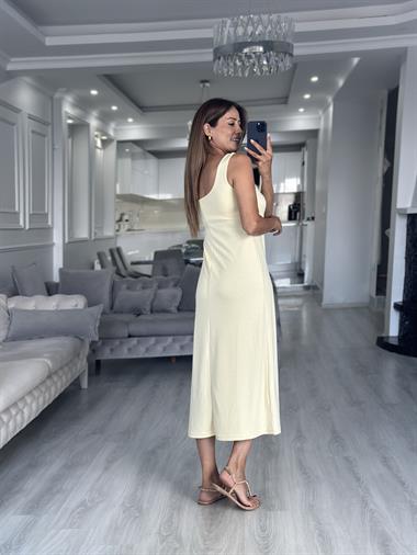 Sarı Kare Yaka Düz Basic Midi Boy Kadın Elbise 