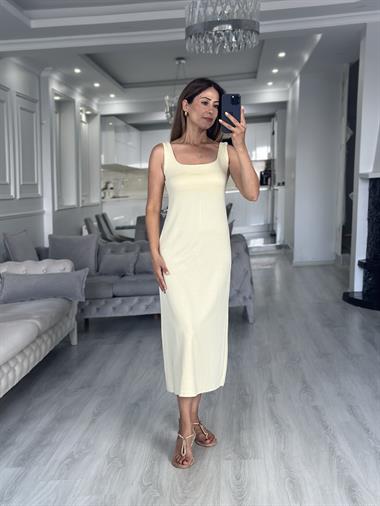 Sarı Kare Yaka Düz Basic Midi Boy Kadın Elbise 