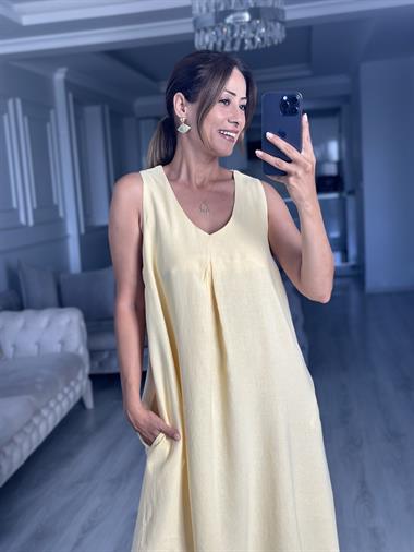 Sarı Keten Önü Pensli V Yaka Sıfır Kol Cepli Kadın Midi Boy Elbise