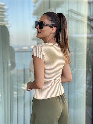 Sarı Kısa Kol Çizgili Bürümcük Kadın Body