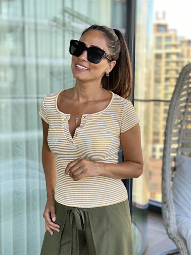 Sarı Kısa Kol Çizgili Bürümcük Kadın Body