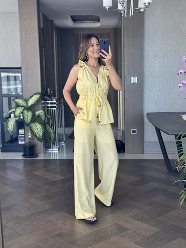 Sarı Omzu Ve Önü Bağcıklı Bluz Pantolon Kadın İkili Takım