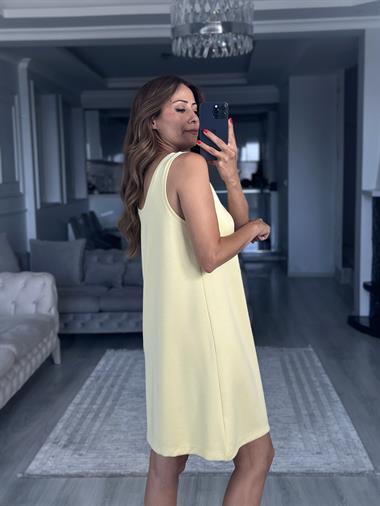 Sarı Ön Arka U Yaka  Basic Mini Kadın Elbise
