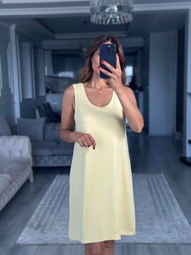 Sarı Ön Arka U Yaka  Basic Mini Kadın Elbise