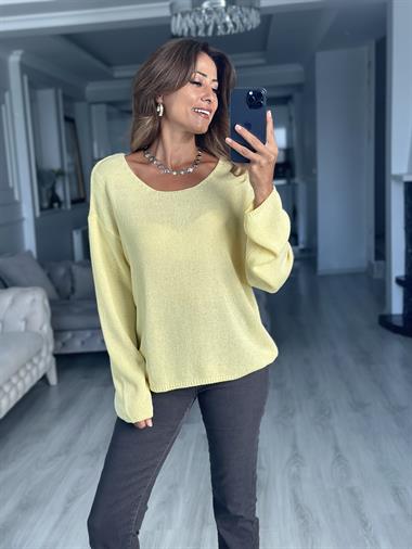 Sarı Oval Yaka Uzun Kol Kadın Triko Kazak
