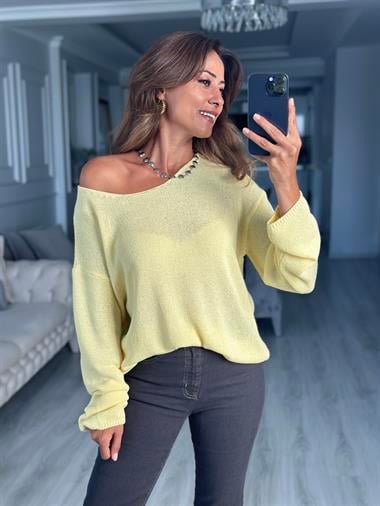 Sarı Oval Yaka Uzun Kol Kadın Triko Kazak