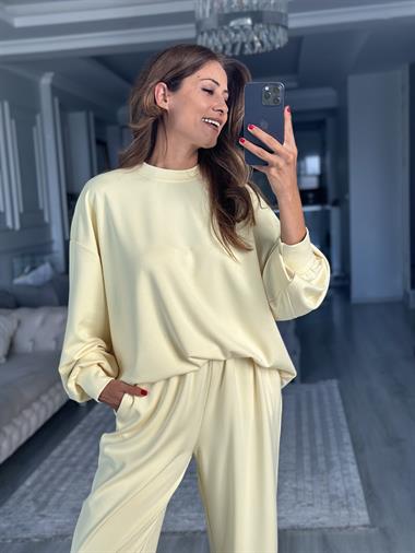 Sarı Oversize Bisiklet Yaka Sweatshirt Pantolon Kadın Alt Üst Takım