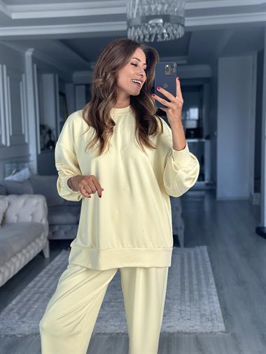 Sarı Oversize Bisiklet Yaka Sweatshirt Pantolon Kadın Alt Üst Takım