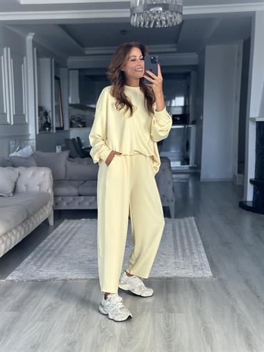 Sarı Oversize Bisiklet Yaka Sweatshirt Pantolon Kadın Alt Üst Takım