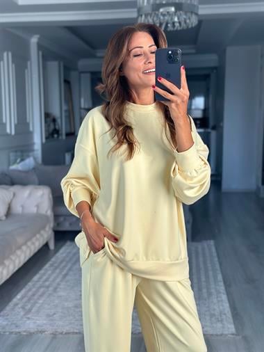 Sarı Oversize Bisiklet Yaka Sweatshirt Pantolon Kadın Alt Üst Takım
