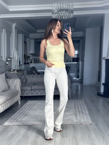 Sarı Perçin Detaylı U Yaka Kadın Body