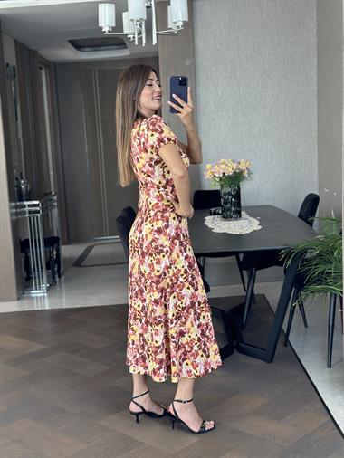 Sarı Desenli Prenses Kol Yırtmaçlı Bürümcük Kadın Elbise