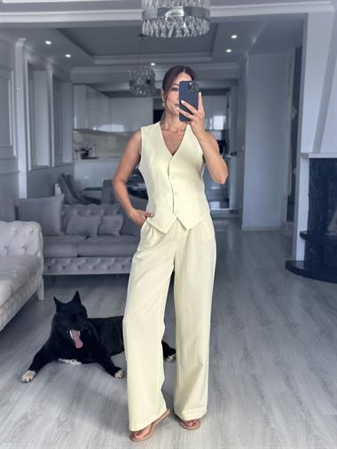 Sarı Terni Yelek Pantolon Kadın Keten Alt Üst Takım