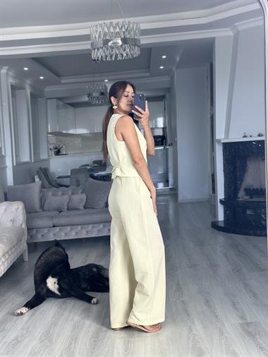 Sarı Terni Yelek Pantolon Kadın Keten Alt Üst Takım