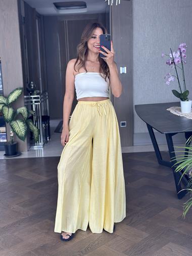 Sarı Ters Dikiş Parçalı Bağcıklı Geniş Paça Kadın Pantolon