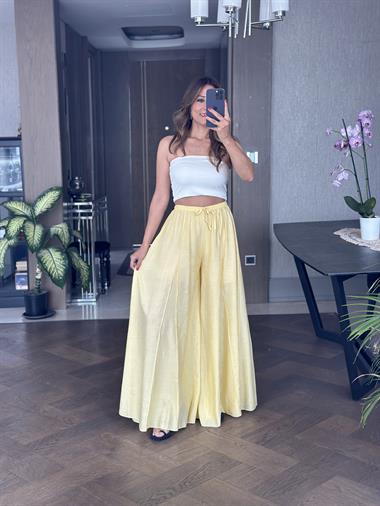Sarı Ters Dikiş Parçalı Bağcıklı Geniş Paça Kadın Pantolon