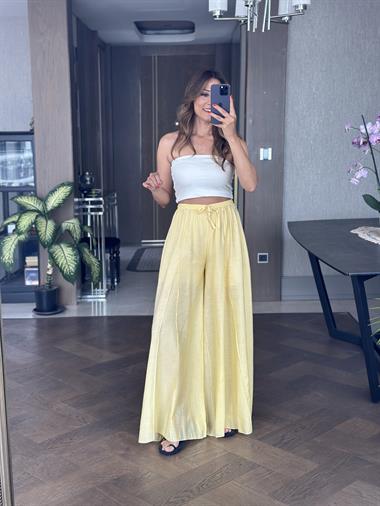 Sarı Ters Dikiş Parçalı Bağcıklı Geniş Paça Kadın Pantolon