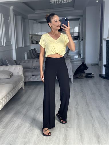 Sarı V Yaka Kısa Yarasa Kol Basic Kadın T-Shirt