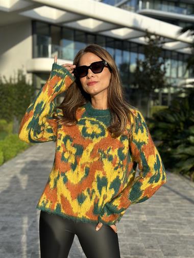 Sarı Yeşil Renkli Boncuk İşlemeli Şardonlu Kadın Kazak 