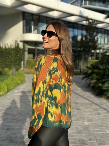 Sarı Yeşil Renkli Boncuk İşlemeli Şardonlu Kadın Kazak 