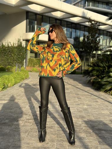 Sarı Yeşil Renkli Boncuk İşlemeli Şardonlu Kadın Kazak 