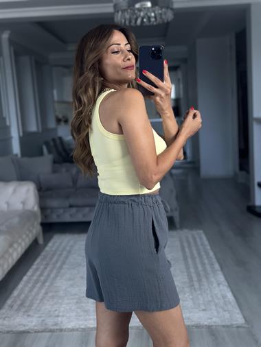 Sarı Yüzücü Yaka Crop Top Kadın Body