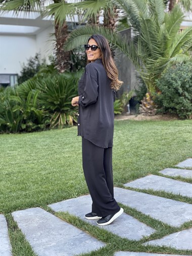 Siyah Aerobin Gömlek Pantolon Kadın Takım