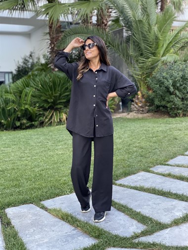 Siyah Aerobin Gömlek Pantolon Kadın Takım