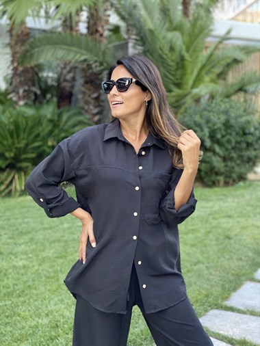 Siyah Aerobin Gömlek Pantolon Kadın Takım