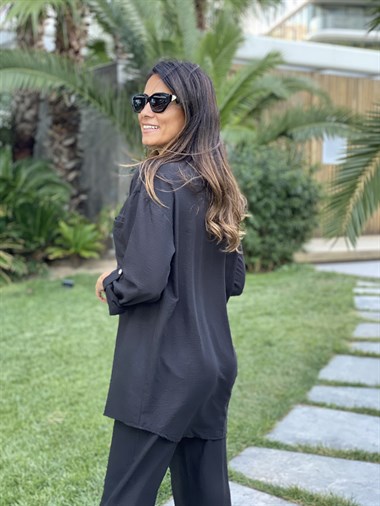 Siyah Aerobin Gömlek Pantolon Kadın Takım
