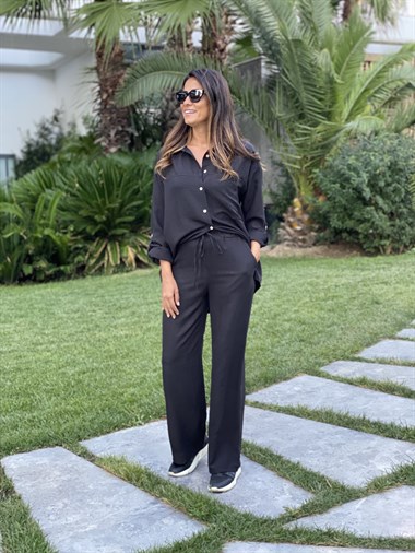 Siyah Aerobin Gömlek Pantolon Kadın Takım