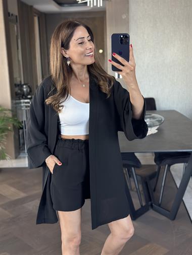 Siyah Aerobin Şortlu Kimono Kadın Alt Üst Takım