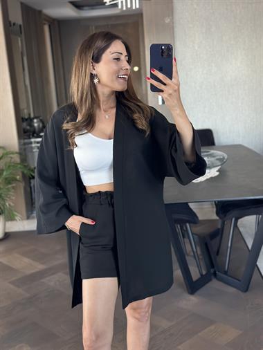 Siyah Aerobin Şortlu Kimono Kadın Alt Üst Takım