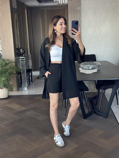 Siyah Aerobin Şortlu Kimono Kadın Alt Üst Takım
