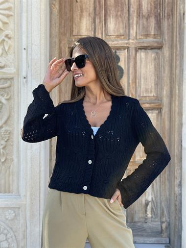 Siyah Ajurlu Taş Düğmeli Kadın Hırka