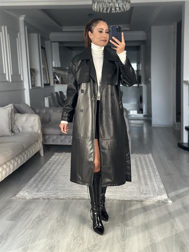 Siyah Allerli Kuşaklı Kadın Deri Trenç