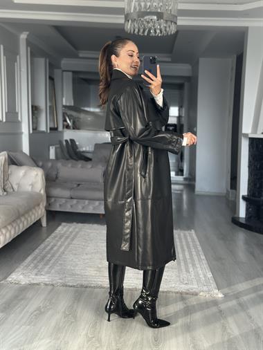 Siyah Allerli Kuşaklı Kadın Deri Trenç