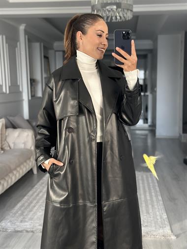 Siyah Allerli Kuşaklı Kadın Deri Trenç