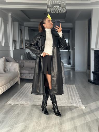 Siyah Allerli Kuşaklı Kadın Deri Trenç