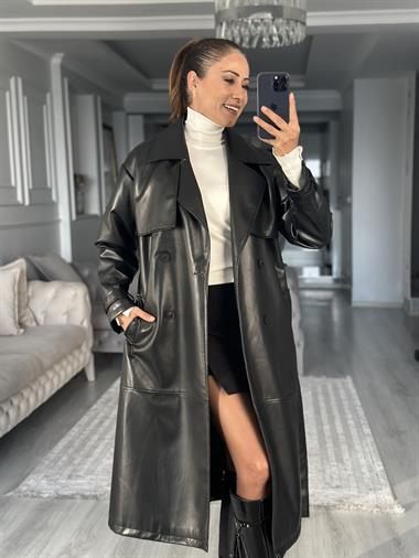 Siyah Allerli Kuşaklı Kadın Deri Trenç