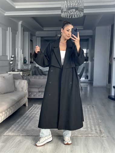 Siyah Allerli Oversize Kuşaklı Uzun Kadın Trençkot
