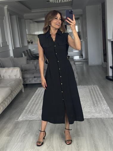 Siyah Apoletli Sıfır Kol Midi Boy Kadın Gömlek Elbise