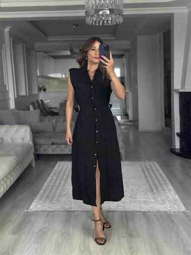 Siyah Apoletli Sıfır Kol Midi Boy Kadın Gömlek Elbise