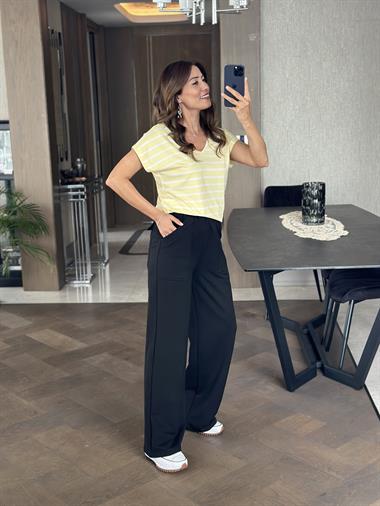 Siyah Arka Cebi Kapaklı İki İplik Kadın Pantolon