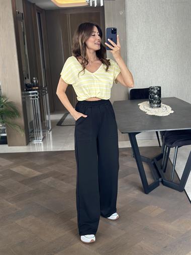 Siyah Arka Cebi Kapaklı İki İplik Kadın Pantolon